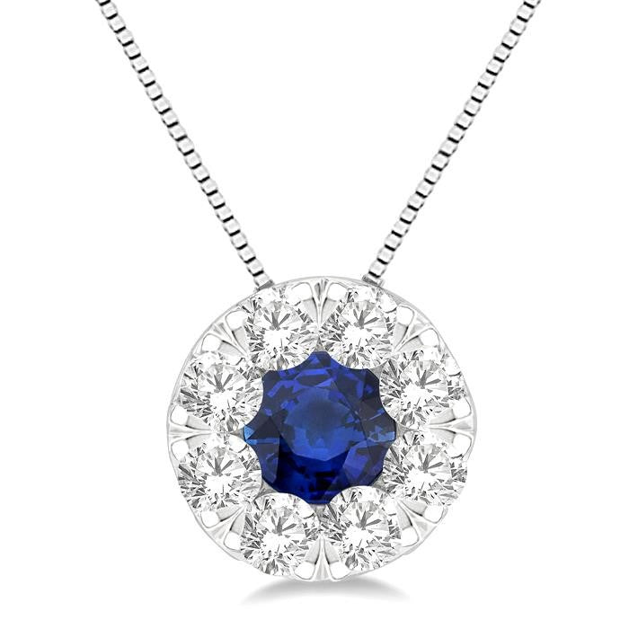 3.8 MM Sapphire and 1/3 Ctw Round Cut Shine Bright Diamond Precious Pendant With Chain in 14K White Gold