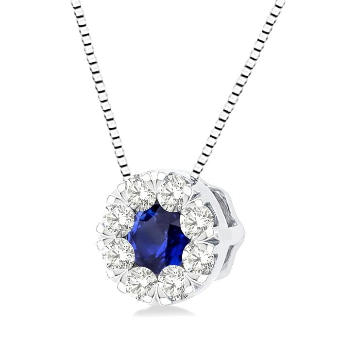 3.8 MM Sapphire and 1/3 Ctw Round Cut Shine Bright Diamond Precious Pendant With Chain in 14K White Gold