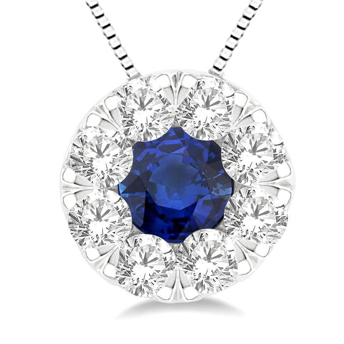 3.8 MM Sapphire and 1/3 Ctw Round Cut Shine Bright Diamond Precious Pendant With Chain in 14K White Gold