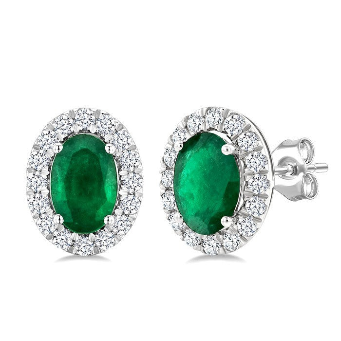6x4 MM Oval Shape Emerald and 1/4 Ctw Round Cut Diamond Halo Precious Stud Earrings in 14K White Gold