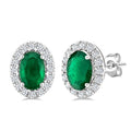 6x4 MM Oval Shape Emerald and 1/4 Ctw Round Cut Diamond Halo Precious Stud Earrings in 14K White Gold