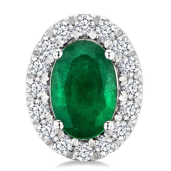 6x4 MM Oval Shape Emerald and 1/4 Ctw Round Cut Diamond Halo Precious Stud Earrings in 14K White Gold