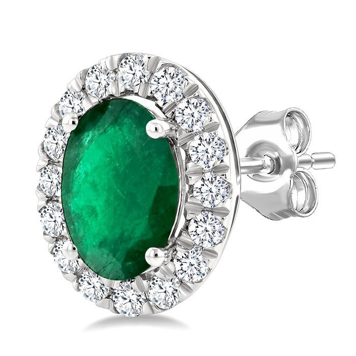 6x4 MM Oval Shape Emerald and 1/4 Ctw Round Cut Diamond Halo Precious Stud Earrings in 14K White Gold