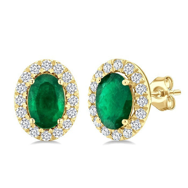 6x4 MM Oval Shape Emerald and 1/4 Ctw Round Cut Diamond Halo Precious Stud Earrings in 14K Yellow Gold