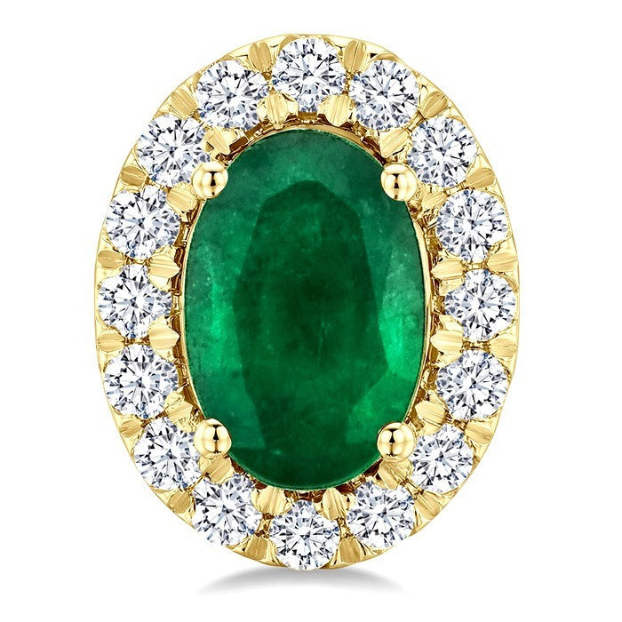 6x4 MM Oval Shape Emerald and 1/4 Ctw Round Cut Diamond Halo Precious Stud Earrings in 14K Yellow Gold