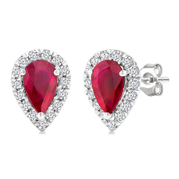 6x4 MM Pear Shape Ruby and 1/4 Ctw Round Cut Diamond Halo Precious Stud Earrings in 14K White Gold
