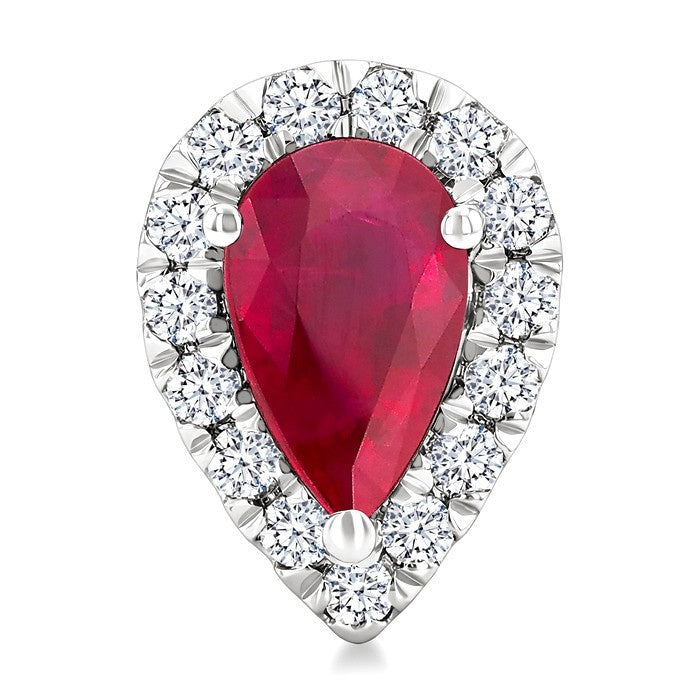 6x4 MM Pear Shape Ruby and 1/4 Ctw Round Cut Diamond Halo Precious Stud Earrings in 14K White Gold