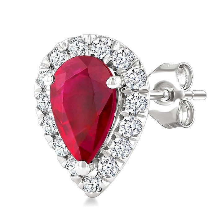 6x4 MM Pear Shape Ruby and 1/4 Ctw Round Cut Diamond Halo Precious Stud Earrings in 14K White Gold