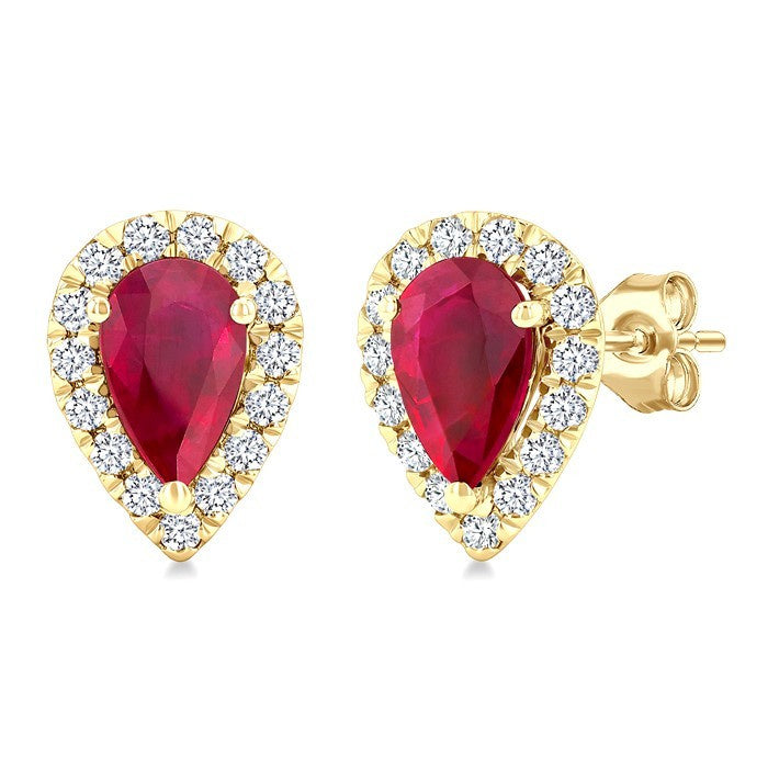 6x4 MM Pear Shape Ruby and 1/4 Ctw Round Cut Diamond Halo Precious Stud Earrings in 14K Yellow Gold
