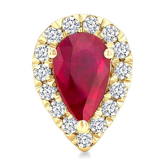 6x4 MM Pear Shape Ruby and 1/4 Ctw Round Cut Diamond Halo Precious Stud Earrings in 14K Yellow Gold