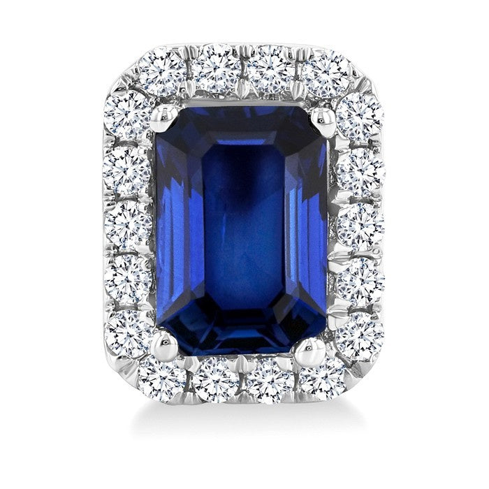 6x4 MM Octagonal Shape Sapphire and 1/4 Ctw Round Cut Diamond Halo Precious Stud Earrings in 14K White Gold