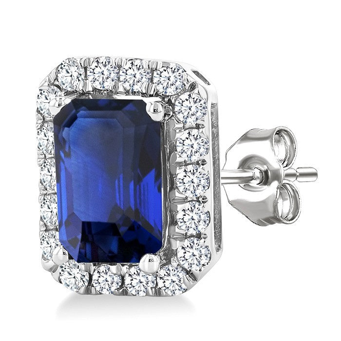6x4 MM Octagonal Shape Sapphire and 1/4 Ctw Round Cut Diamond Halo Precious Stud Earrings in 14K White Gold