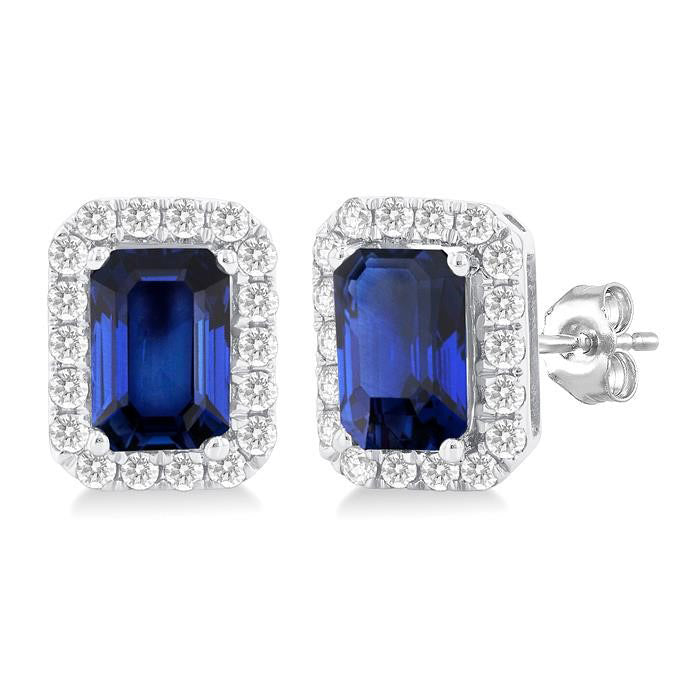 Emerald Shape Gemstone & Halo Diamond Earrings