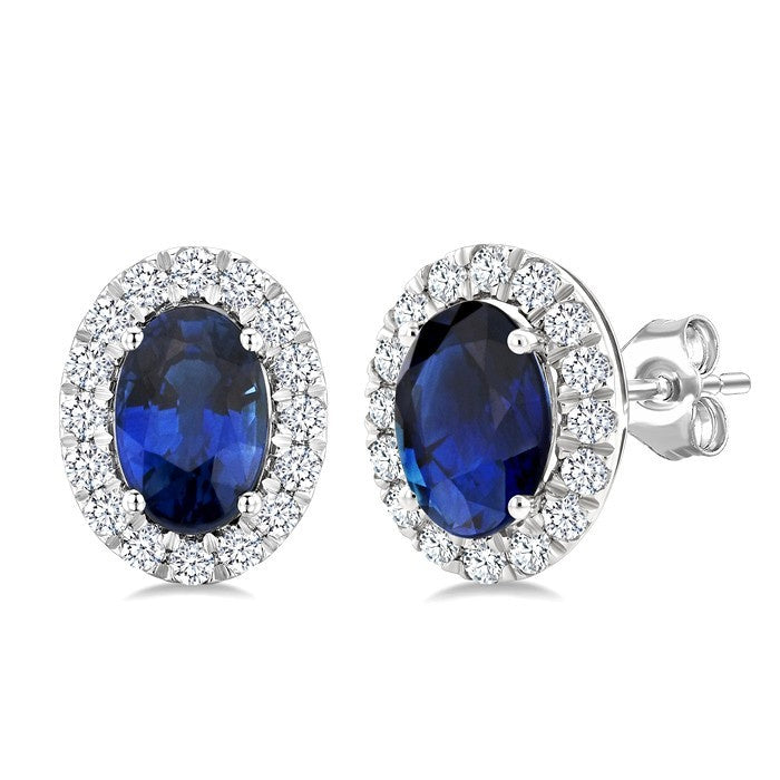 6x4 MM Oval Shape Sapphire and 1/4 Ctw Round Cut Diamond Halo Precious Stud Earrings in 14K White Gold