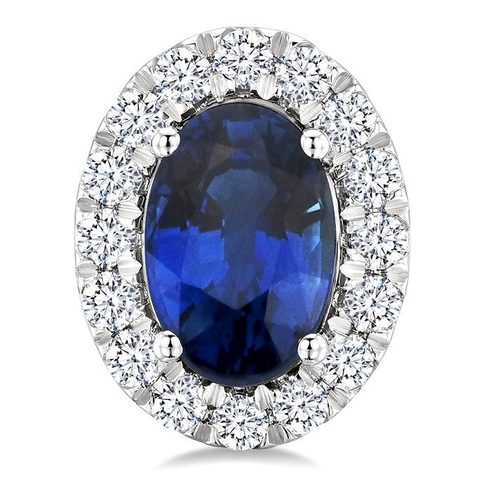 6x4 MM Oval Shape Sapphire and 1/4 Ctw Round Cut Diamond Halo Precious Stud Earrings in 14K White Gold