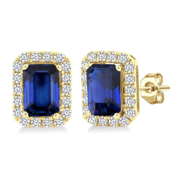 6x4 MM Octagonal Shape Sapphire and 1/4 Ctw Round Cut Diamond Halo Precious Stud Earrings in 14K Yellow Gold