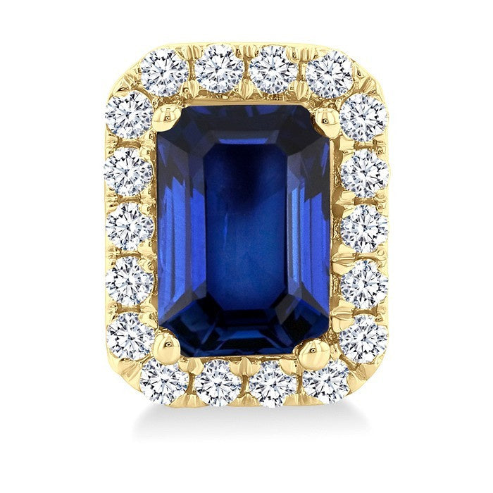 6x4 MM Octagonal Shape Sapphire and 1/4 Ctw Round Cut Diamond Halo Precious Stud Earrings in 14K Yellow Gold