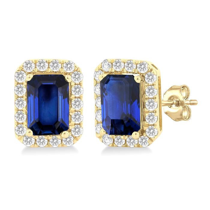 Emerald Shape Gemstone & Halo Diamond Earrings