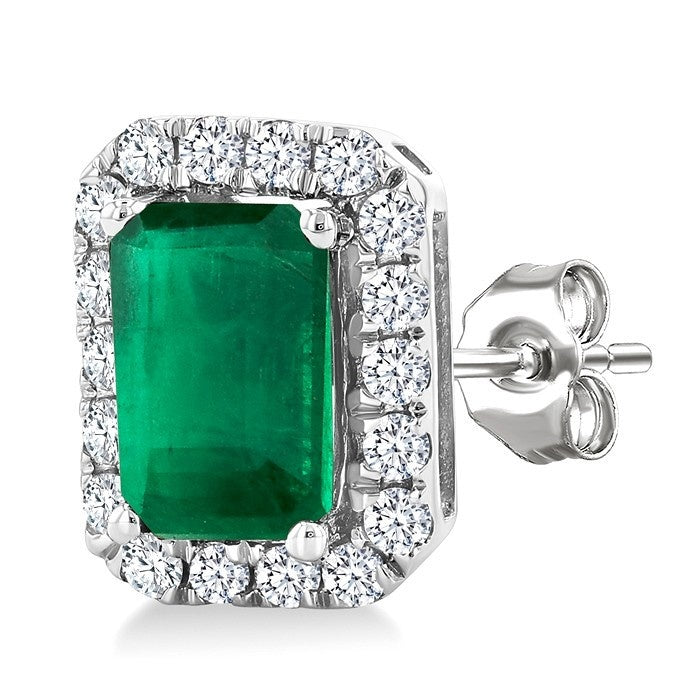 Emerald Shape Gemstone & Halo Diamond Earrings