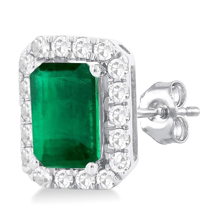 Emerald Shape Gemstone & Halo Diamond Earrings