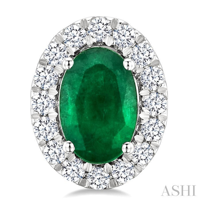 6x4 MM Oval Shape Emerald and 1/4 Ctw Round Cut Diamond Halo Precious Stud Earrings in 14K White Gold