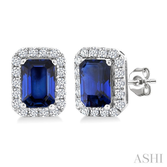 6x4 MM Octagonal Shape Sapphire and 1/4 Ctw Round Cut Diamond Halo Precious Stud Earrings in 14K White Gold