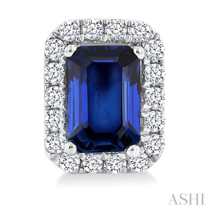 6x4 MM Octagonal Shape Sapphire and 1/4 Ctw Round Cut Diamond Halo Precious Stud Earrings in 14K White Gold