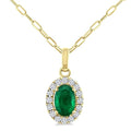 6x4 MM Oval Shape Emerald and 1/6 Ctw Round Cut Diamond Halo Precious Pendant with Chain in 14K Yellow Gold