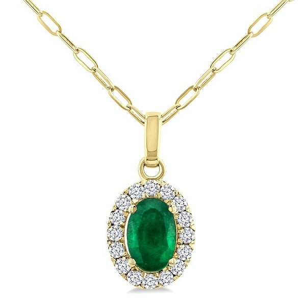 6x4 MM Oval Shape Emerald and 1/6 Ctw Round Cut Diamond Halo Precious Pendant with Chain in 14K Yellow Gold