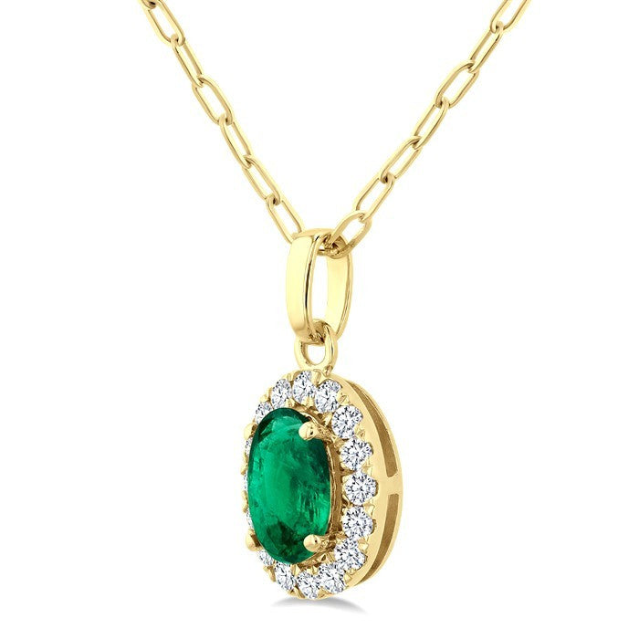 6x4 MM Oval Shape Emerald and 1/6 Ctw Round Cut Diamond Halo Precious Pendant with Chain in 14K Yellow Gold