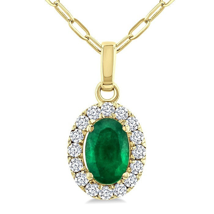 6x4 MM Oval Shape Emerald and 1/6 Ctw Round Cut Diamond Halo Precious Pendant with Chain in 14K Yellow Gold