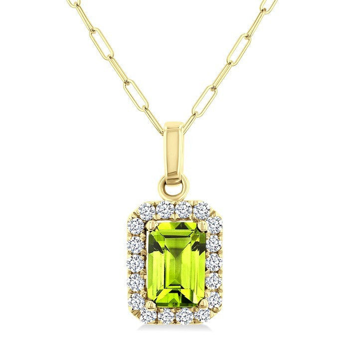 6x4 MM Octagonal Shape Peridot and 1/6 Ctw Round Cut Diamond Halo Semi-Precious Pendant with Chain in 14K Yellow Gold