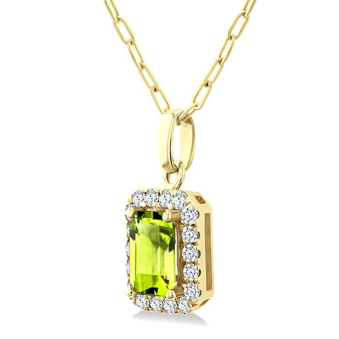 6x4 MM Octagonal Shape Peridot and 1/6 Ctw Round Cut Diamond Halo Semi-Precious Pendant with Chain in 14K Yellow Gold