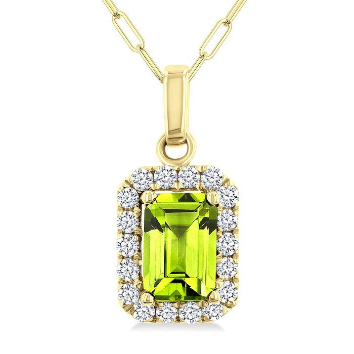 6x4 MM Octagonal Shape Peridot and 1/6 Ctw Round Cut Diamond Halo Semi-Precious Pendant with Chain in 14K Yellow Gold