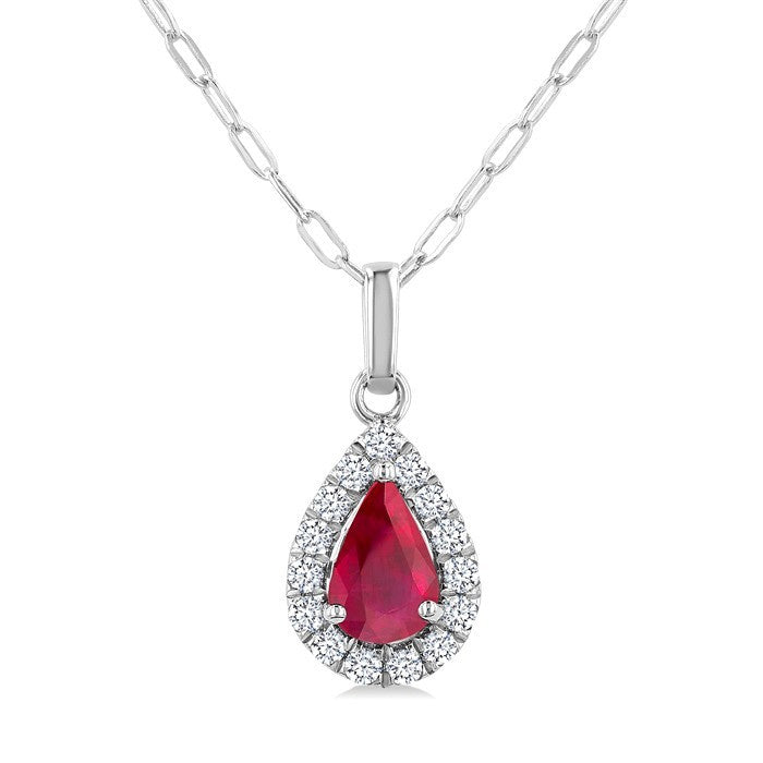 6x4 MM Pear Shape Ruby and 1/6 Ctw Round Cut Diamond Halo Precious Pendant with Chain in 14K White Gold