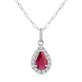 6x4 MM Pear Shape Ruby and 1/6 Ctw Round Cut Diamond Halo Precious Pendant with Chain in 14K White Gold