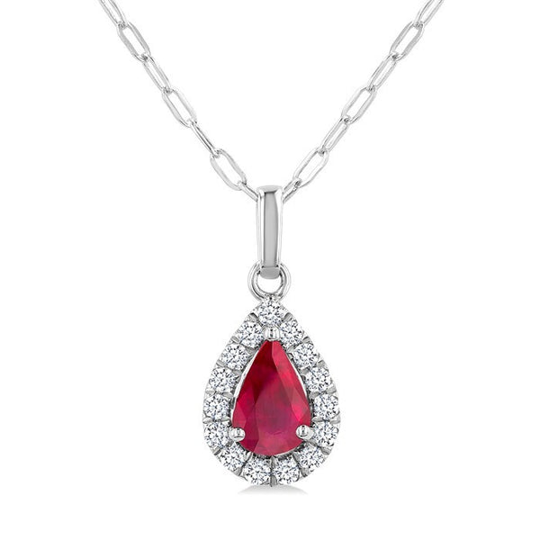 6x4 MM Pear Shape Ruby and 1/6 Ctw Round Cut Diamond Halo Precious Pendant with Chain in 14K White Gold
