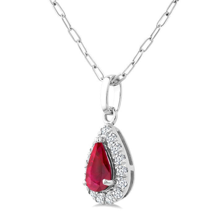 6x4 MM Pear Shape Ruby and 1/6 Ctw Round Cut Diamond Halo Precious Pendant with Chain in 14K White Gold