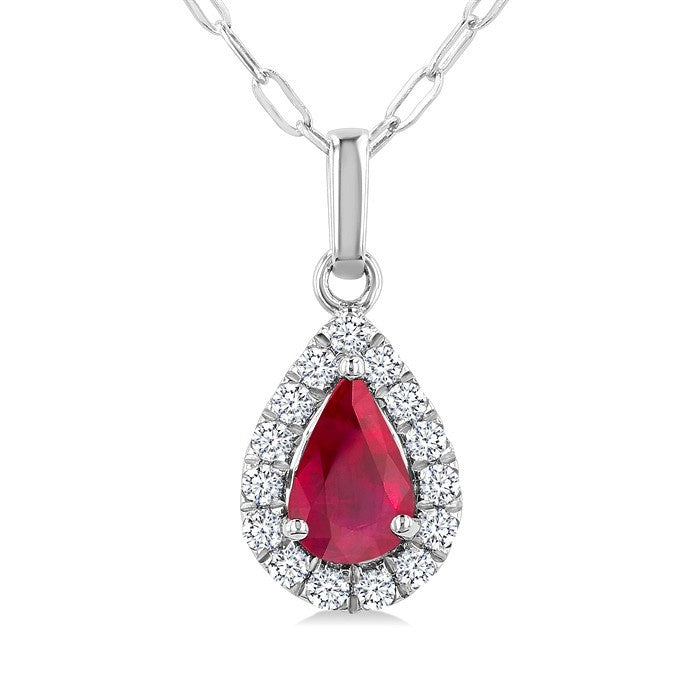 6x4 MM Pear Shape Ruby and 1/6 Ctw Round Cut Diamond Halo Precious Pendant with Chain in 14K White Gold