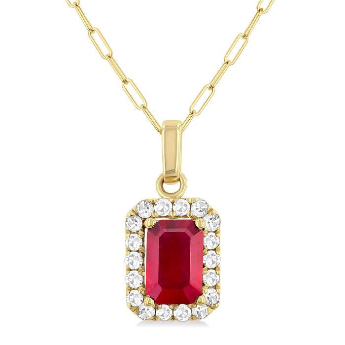 Garnet Emerald Shape Gemstone & Halo Diamond Pendant