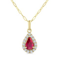 6x4 MM Pear Shape Ruby and 1/6 Ctw Round Cut Diamond Halo Precious Pendant with Chain in 14K Yellow Gold
