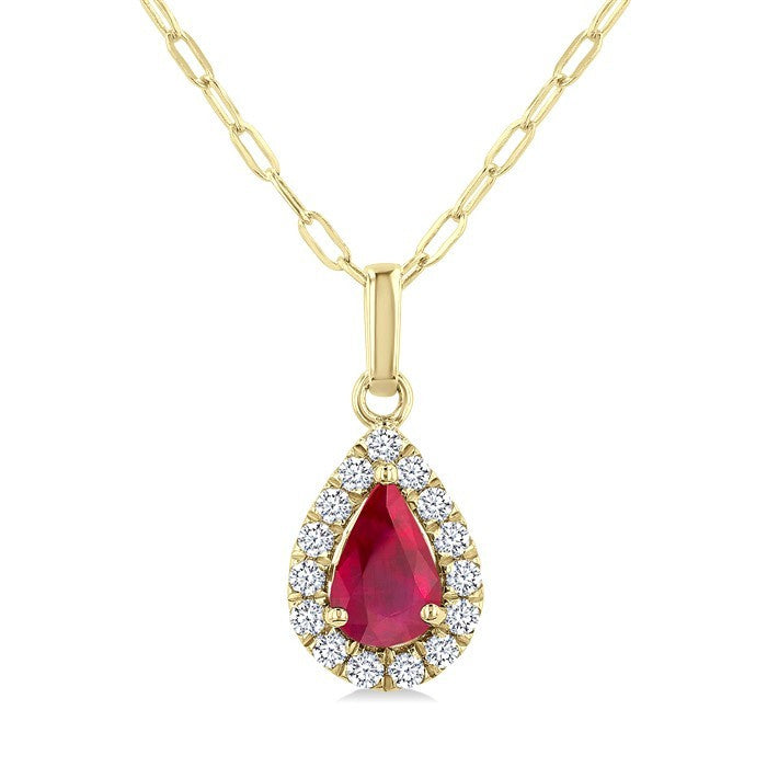 6x4 MM Pear Shape Ruby and 1/6 Ctw Round Cut Diamond Halo Precious Pendant with Chain in 14K Yellow Gold