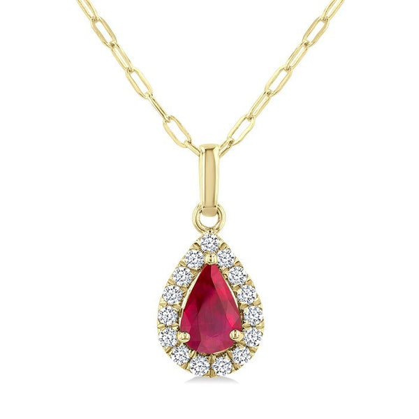 6x4 MM Pear Shape Ruby and 1/6 Ctw Round Cut Diamond Halo Precious Pendant with Chain in 14K Yellow Gold