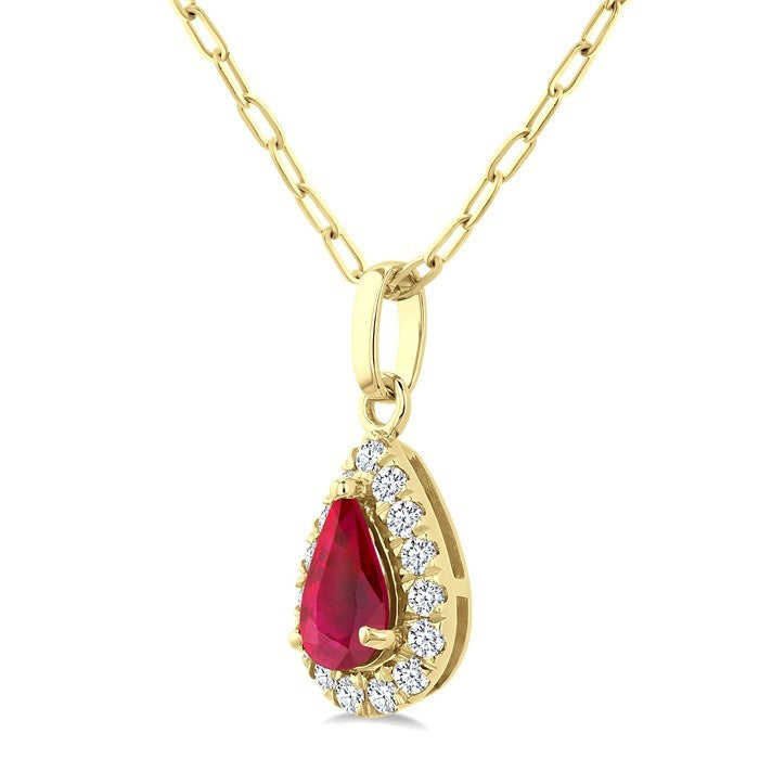 6x4 MM Pear Shape Ruby and 1/6 Ctw Round Cut Diamond Halo Precious Pendant with Chain in 14K Yellow Gold