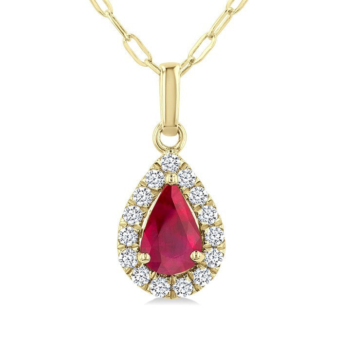 6x4 MM Pear Shape Ruby and 1/6 Ctw Round Cut Diamond Halo Precious Pendant with Chain in 14K Yellow Gold