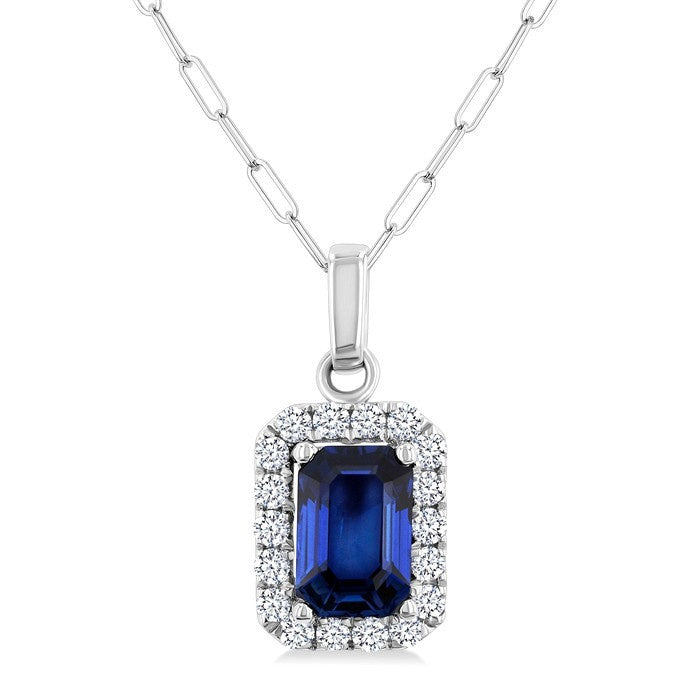 6x4 MM Octagonal Shape Sapphire and 1/6 Ctw Round Cut Diamond Halo Precious Pendant with Chain in 14K White Gold
