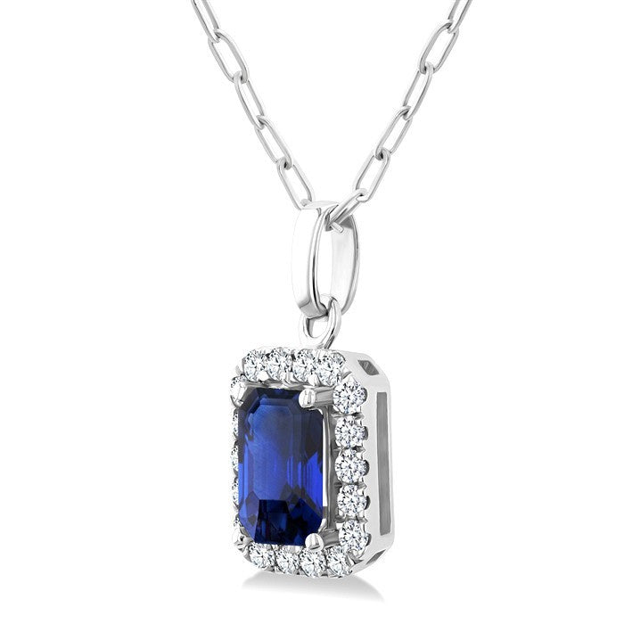 6x4 MM Octagonal Shape Sapphire and 1/6 Ctw Round Cut Diamond Halo Precious Pendant with Chain in 14K White Gold