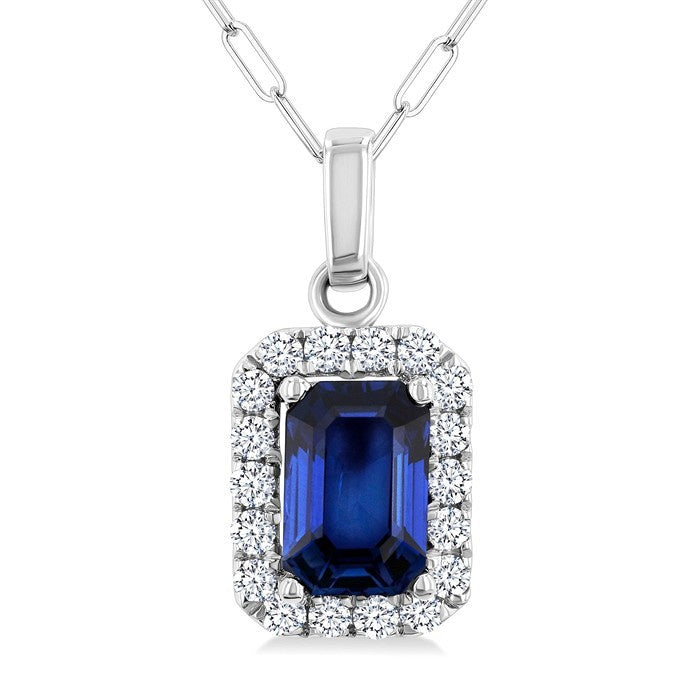 6x4 MM Octagonal Shape Sapphire and 1/6 Ctw Round Cut Diamond Halo Precious Pendant with Chain in 14K White Gold
