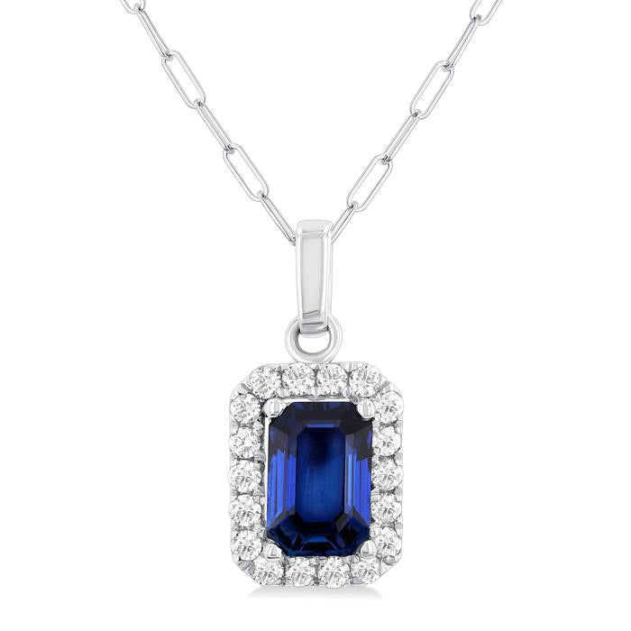 Emerald Shape Sapphire Gemstone & Halo Diamond Pendant