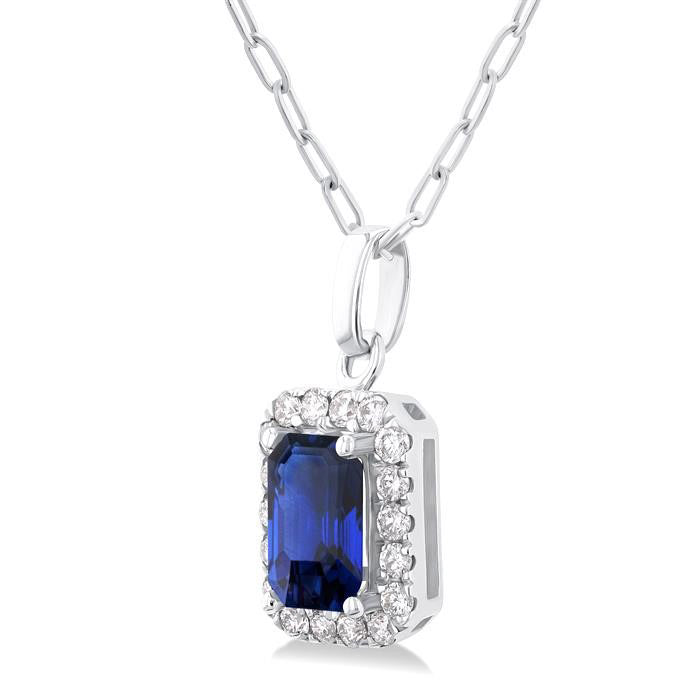 Emerald Shape Sapphire Gemstone & Halo Diamond Pendant
